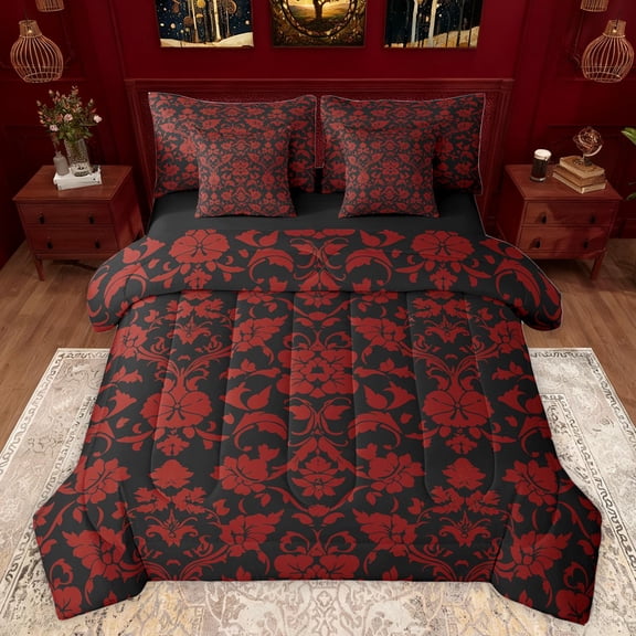 jejeloiu Vintage Baroque Flower 7 Pieces Bedding Comforter Set,Gothic Damask Full Bedding Set,Red Black Fitted Sheet Flat Sheet For Adults,Microfiber Bedroom Decor Reversible