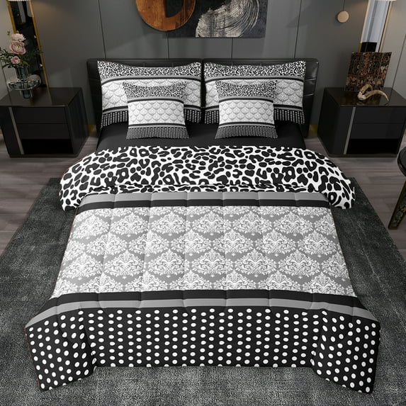 jejeloiu Vintage Baroque Flower 7 Pieces Bedding Comforter Set,Gray White Damask Full Bedding Set For Girls Boys Reversible