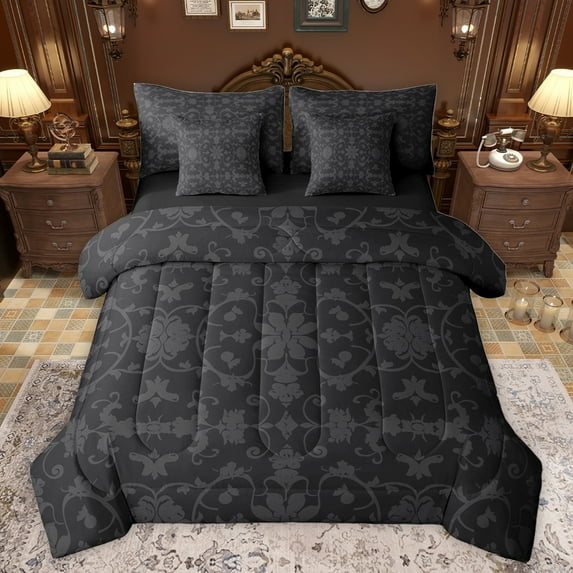 jejeloiu Vintage Baroque Flower 7pcs Bedding Comforter Set,Gothic Damask Queen Bedding Sets,Black Gray Queen Sheet Sets For Adults,Microfiber Bedroom Decor Reversible