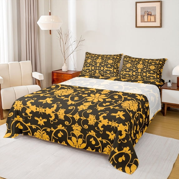 jejeloiu Vintage Baroque Flower Bed Sheets,Gothic Damask King Sheets,Orange Black Sheet Set For Adults,Microfiber Bedroom Decor,4pcs