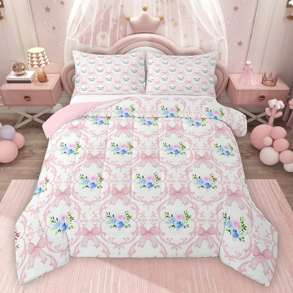 jejeloiu Vintage Baroque Flower Bedding Comforter Set,Girls Pink Bowknot Twin Comforter Sets,Flower Floral Bedding Set For Kids,Super Cozy Room Decor Reversible,2pcs