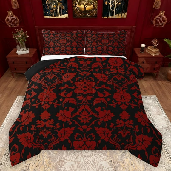 jejeloiu Vintage Baroque Flower Queen Comforter Set,Gothic Damask Bedding Sets,Red Black Bedding Comforter Set For Adults,Microfiber Bedroom Decor Reversible,3-Piece