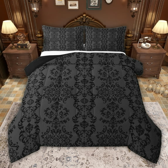 jejeloiu Vintage Baroque Flower Twin Comforter Sets,Gray Black Damask Bedding Set For Girls Boys Reversible 2-Piece
