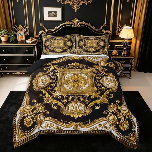 jejeloiu Vintage Baroque Queen Comforter Set For Men Women,Retro Bohemian Exotic Style Comforter Sets Queen,Gold Black,Black Reversible,3 Pieces,1 Comforter and 2 Pillowcases