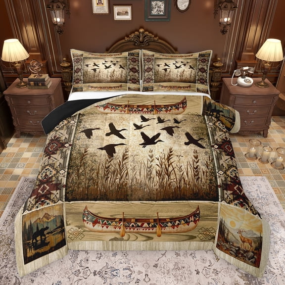 jejeloiu Vintage Bohe Aztec Queen Comforter Set,Mallard Duck Bedding Sets,Country Farmhouse Lodge Bedding Comforter Set For Adults,Super Cozy Room Decor Reversible,3-Piece