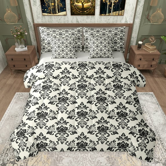 jejeloiu Vintage Bohemian Flowers 7-Piece Bedding Comforter Set,Damask Floral King Bedding Sets,Beige Black Bed Sheets For Adults,Ultra Soft Home Decor Reversible