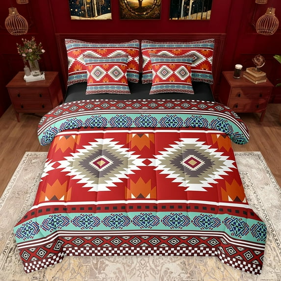 jejeloiu Vintage Boho Aztec 7-Piece Twin Bedding Sets,Geometric Rhombus Triangle Bedding Comforter Set,Red Brown Cyan Sheet Sets For Teens,Ultra Soft Home Decor Reversible