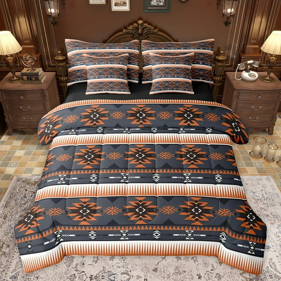 jejeloiu Vintage Boho Aztec 7 Pieces Bedding Comforter Set,Geometric Rhombus Triangle Full Bedding Set,Orange Black Fitted Sheet Flat Sheet For Teens,Ultra Soft Home Decor Reversible