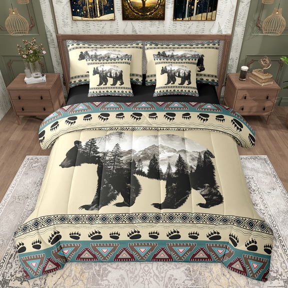 jejeloiu Vintage Boho Aztec 7 Pieces Bedding Comforter Set,Jungle Bear Silhouette Full Bedding Set,Natural Landscape Mountain Pine Fitted Sheet Flat Sheet For Teens,Breathable Home Decor Reversible
