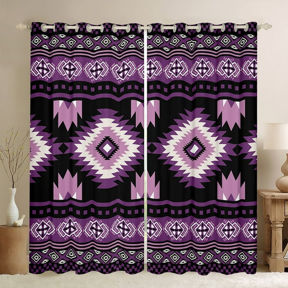 jejeloiu Vintage Boho Aztec Curtains Pack of 2 (42x84 Each),Geometric Rhombus Triangle Curtains Blackout,Purple Black Bedroom Curtains For Teens,Ultra Soft Home Decor