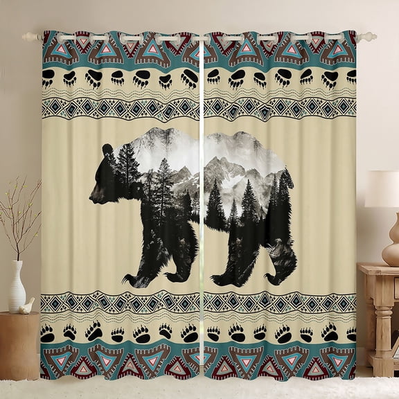 jejeloiu Vintage Boho Aztec Curtains Pack of 2 (42x84 Each),Jungle Bear Silhouette Curtains Blackout,Natural Landscape Mountain Pine Bedroom Curtains For Teens,Breathable Home Decor