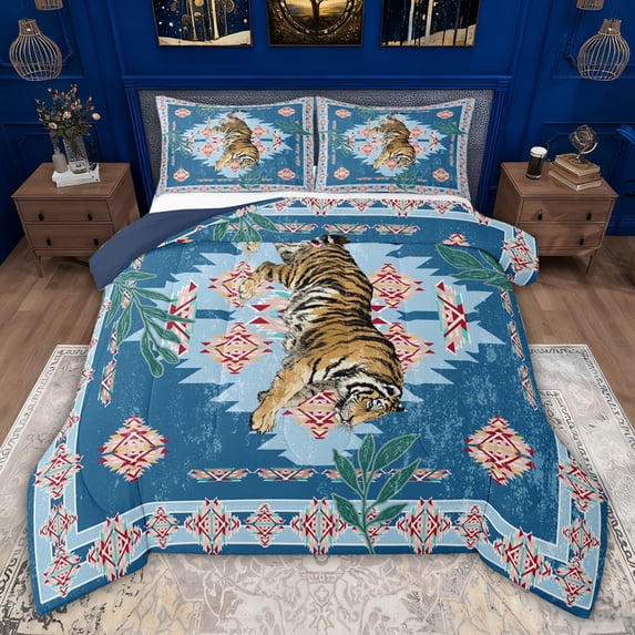 jejeloiu Vintage Boho Aztec Full Size Comforter Sets,Brown Blue Bedding Sets For Adults Reversible 3pcs