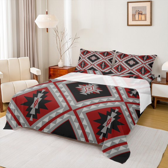 jejeloiu Vintage Boho Aztec Twin Sheet Sets,Geometric Rhombus Triangle Twin Fitted Sheet,Gray Red Black Flat Sheet For Teens,Ultra Soft Home Decor,3pcs