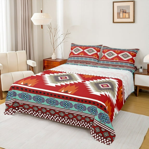 jejeloiu Vintage Boho Aztec Twin Sheet Sets,Geometric Rhombus Triangle Twin Fitted Sheet,Red Brown Cyan Flat Sheet For Teens,Ultra Soft Home Decor,3 Pieces