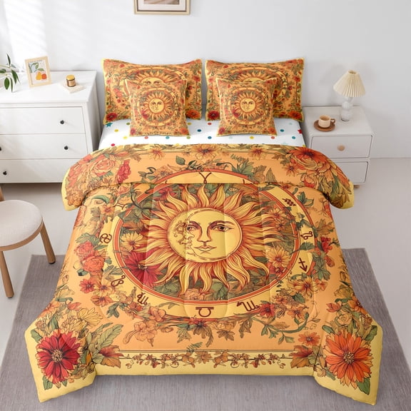 jejeloiu Vintage Boho Floral Bedding Comforter Set 7 Pieces,Sun And Moon Full Bedding Set,Tribal Constellation Aesthetic Fitted Sheet Flat Sheet For Teens,Super Cozy Room Decor Reversible