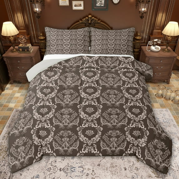 jejeloiu Vintage Boho Floral Full Size Comforter Sets,Brown Beige Damask Print Bedding Sets For Men Women Reversible 3 Pieces