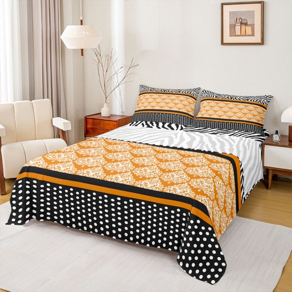 jejeloiu Vintage Boho Floral Twin Sheet Sets,Orange Black Bedding For Men Women 3 Pieces