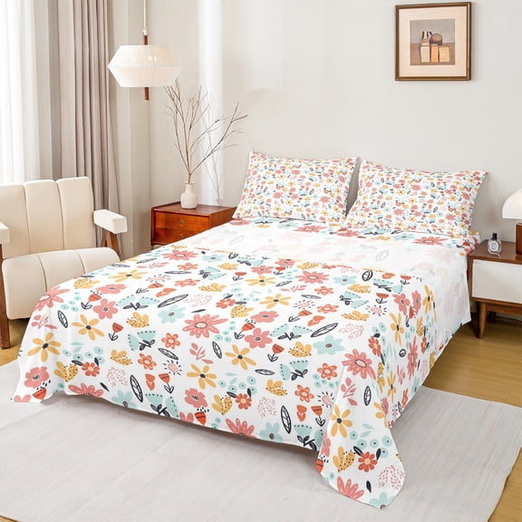 jejeloiu Vintage Boho Flowers Full Size Sheets,Country Floral Bed Sheets,Rustic Plant Sheet Sets For Men Women,Ultra Soft Home Decor,4-Piece
