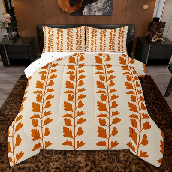 jejeloiu Vintage Botanical Leaf Queen Comforter Set,Orange Beige Bedding Comforter Set For Girls Boys Reversible 3-Piece