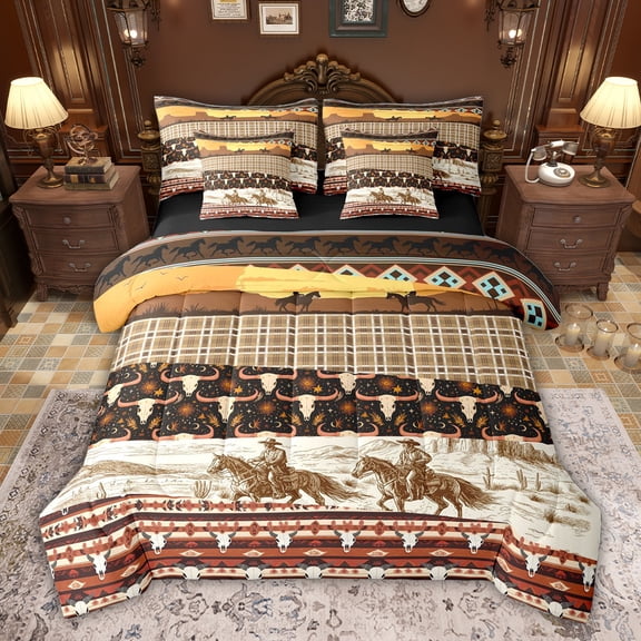 jejeloiu Vintage Bull Skull 7-Piece Twin Bedding Sets,Southwestern Cowboy Bedding Comforter Set For Boys Teens Reversible