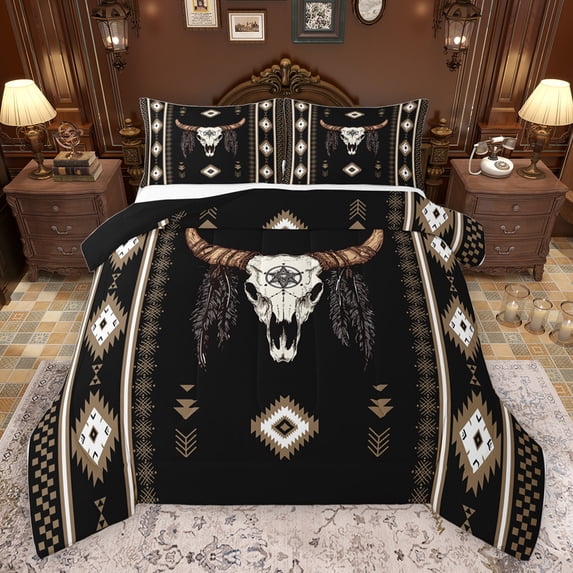 jejeloiu Vintage Bull Skull Bedding Comforter Set,Rustic Farmhouse Cabin Twin Comforter Sets,Bohemian Exotic Style Bedding Set For Teens,Luxury Bedroom Decor Reversible,2pcs