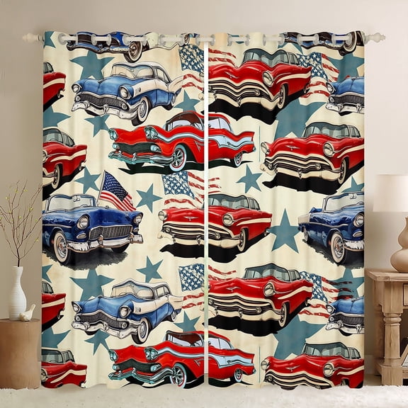 jejeloiu Vintage Car Blackout Curtains Set of 2 (38x54 Each),American Flag Curtains and Drapes,Motorcycle Vehicles Living Room Curtains For Boys Kids,Ultra Soft Bedroom Decoration