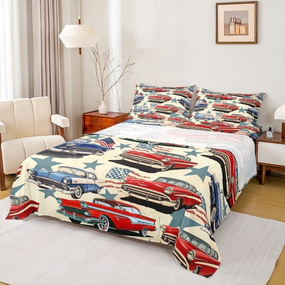 jejeloiu Vintage Car Full Size Sheets,American Flag Bed Sheets,Motorcycle Vehicles Sheet Sets For Boys Kids,Ultra Soft Bedroom Decoration,4-Piece