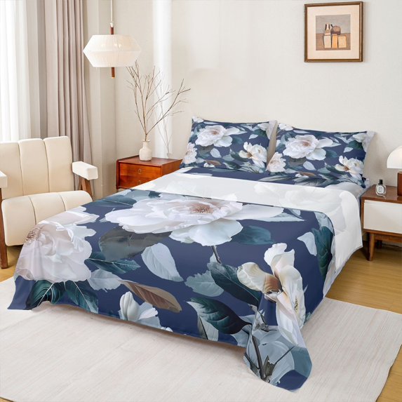 jejeloiu Vintage Cartoon Floral Bed Sheets,Modern Abstract Aesthetic King Sheets,Deepblue Green White Sheet Set For Men Women,Breathable Home Decor,4pcs