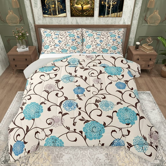 jejeloiu Vintage Cartoon Floral Bedding Comforter Set,Retro Dahlia Flowers Twin Comforter Sets,Beige Cyan Bedding Set For Men Women,Breathable Home Decor Reversible,2 Pieces