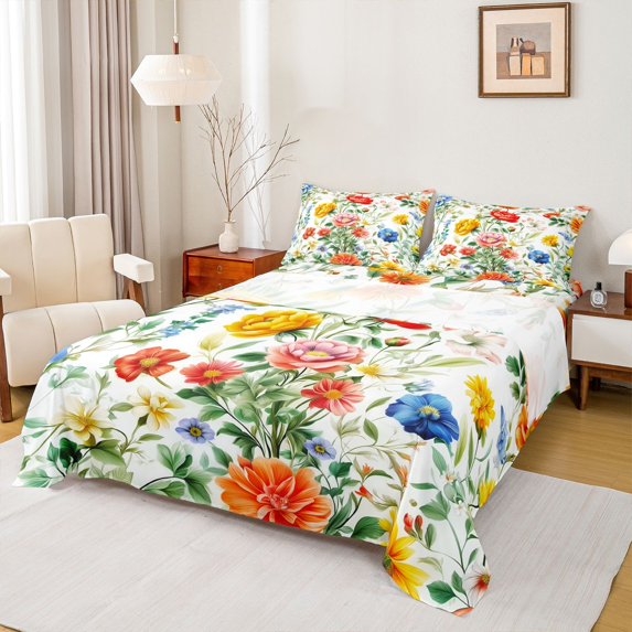 jejeloiu Vintage Cartoon Floral Full Size Sheets,Retro Flowers Bed Sheets,White Green Orange Sheet Sets For Men Women,Breathable Home Decor,4 Pieces