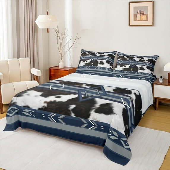 jejeloiu Vintage Cattle Hide Bed Sheets,Retro Geometric Rhombus King Sheets,Blue Stripes Lines Sheet Set For Teens,Super Cozy Room Decor,4-Piece