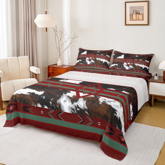 jejeloiu Vintage Cattle Hide Full Size Sheets,Retro Geometric Rhombus Bed Sheets,Brown Red White Sheet Sets For Teens,Super Cozy Room Decor,4-Piece