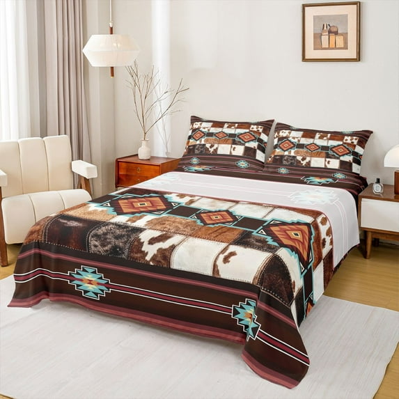 jejeloiu Vintage Cattle Hide Queen Sheet Sets,Rustic Western Aztec Flat Sheet,Boho Tribal Queen Fitted Sheet For Teens,Super Cozy Room Decor,4pcs