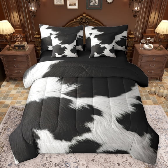 jejeloiu Vintage Cow Hide 7-Piece Twin Bedding Sets,Rustic Cattle Hide Bedding Comforter Set,White Black Sheet Sets For Adults,Microfiber Bedroom Decor Reversible