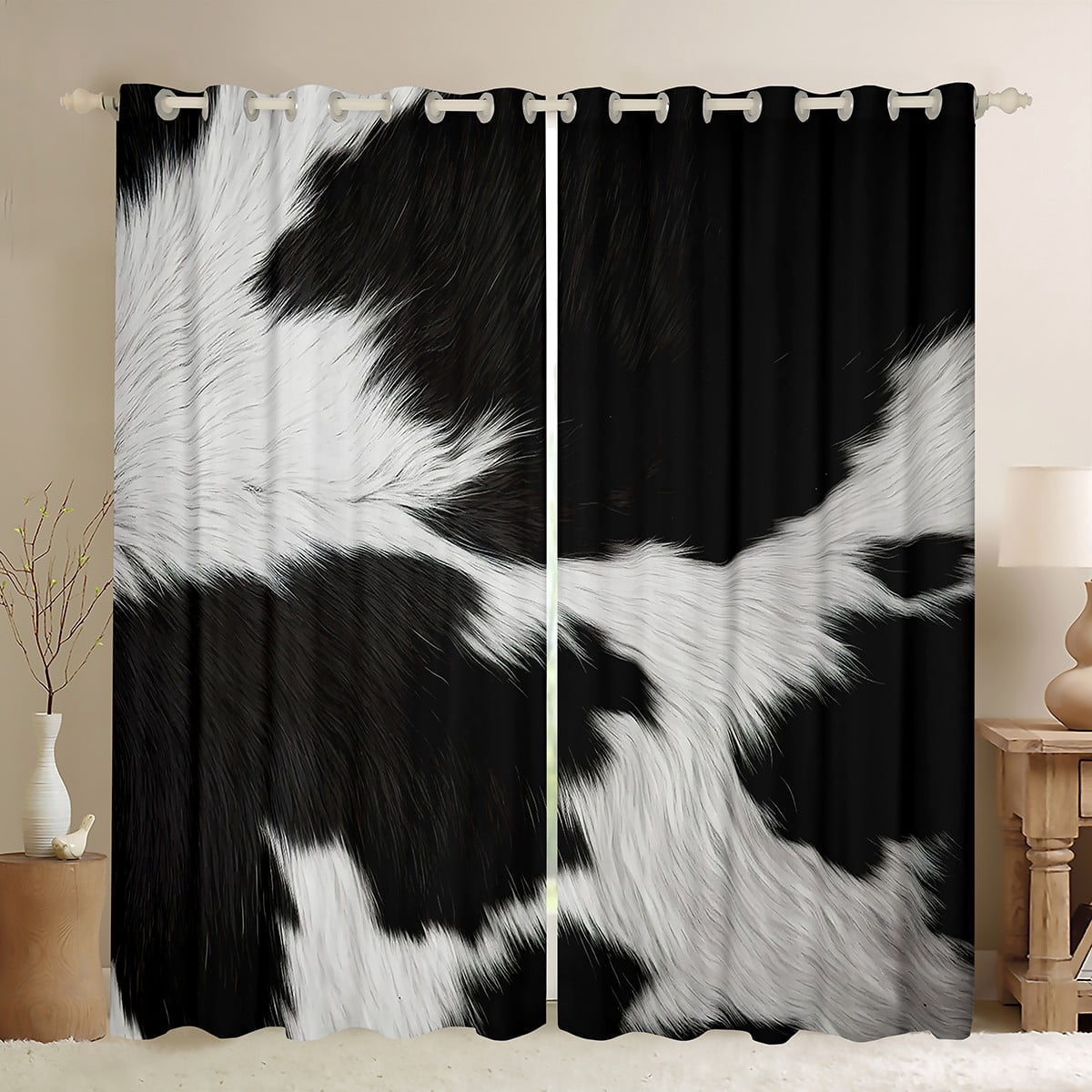 jejeloiu Vintage Cow Hide Black Out Curtains,Rustic Cattle Hide Curtains Pack of 2 (42x63 Each),White Black Bedroom Curtains For Adults,Microfiber Bedroom Decor