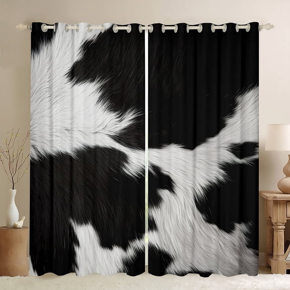 jejeloiu Vintage Cow Hide Blackout Curtains Set of 2 (52x84 Each),Rustic Cattle Hide Window Curtains,White Black Curtains and Drapes For Adults,Microfiber Bedroom Decor