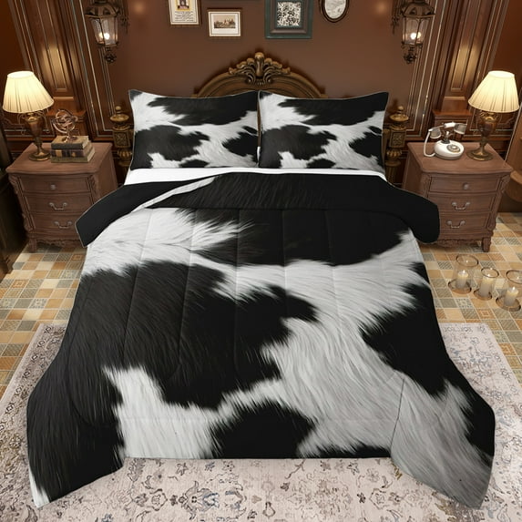 jejeloiu Vintage Cow Hide Queen Comforter Set,Rustic Cattle Hide Bedding Sets,White Black Bedding Comforter Set For Adults,Microfiber Bedroom Decor Reversible,3 Pieces