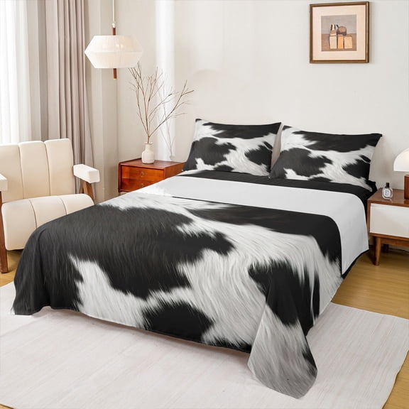 jejeloiu Vintage Cow Hide Twin Sheet Sets,Rustic Cattle Hide Twin Fitted Sheet,White Black Flat Sheet For Adults,Microfiber Bedroom Decor,3pcs