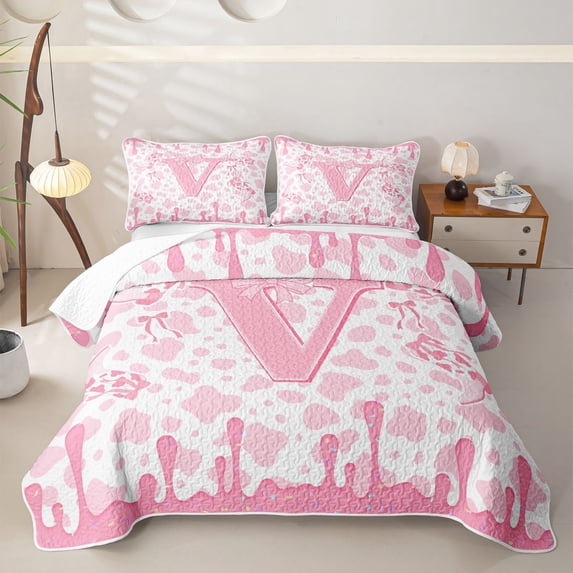jejeloiu Vintage Cow Print Cowgirl Boot Twin Quilt Set For Kids,Princess Bow Monogrammed V Twin Coverlet Set For Girls,2pcs