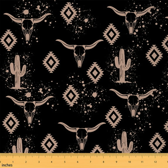 jejeloiu Vintage Cow Skull Fabric by the Yard 2 Yards, Brown Bohemian Aztec Room Decor Fabric by the Yard, Tropical Desert Cactus Sewing Fabric