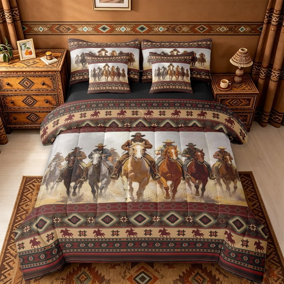 jejeloiu Vintage Cowboy Horse Aztec Print 7-Piece Twin Bedding Sets Kids,Rustic Western Pattern Bedding Comforter Set,Reversible