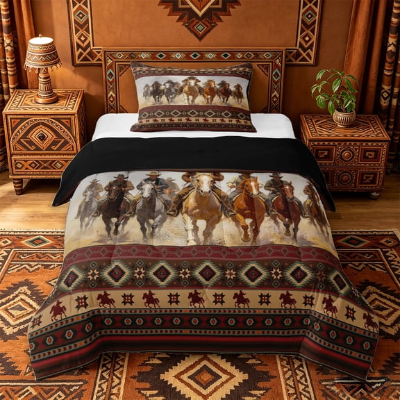 jejeloiu Vintage Cowboy Horse Aztec Print Twin Comforter Sets Kids,Rustic Western Pattern Bedding Set,Reversible,2-Piece