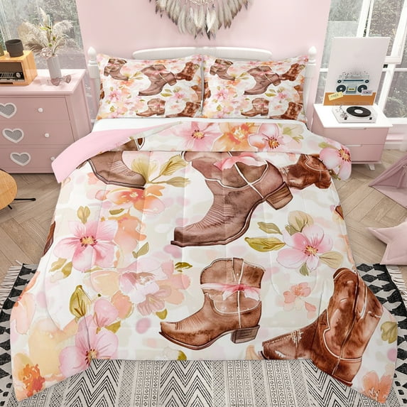 jejeloiu Vintage Cowboys Boots Twin Comforter Sets,Rustic Flower Floral Bedding Set For Girls Women Reversible 2-Piece