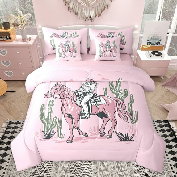 jejeloiu Vintage Cowgirl Hats 7pcs Bedding Comforter Set,Green Cartoon Cactus Queen Bedding Sets For Girls Reversible