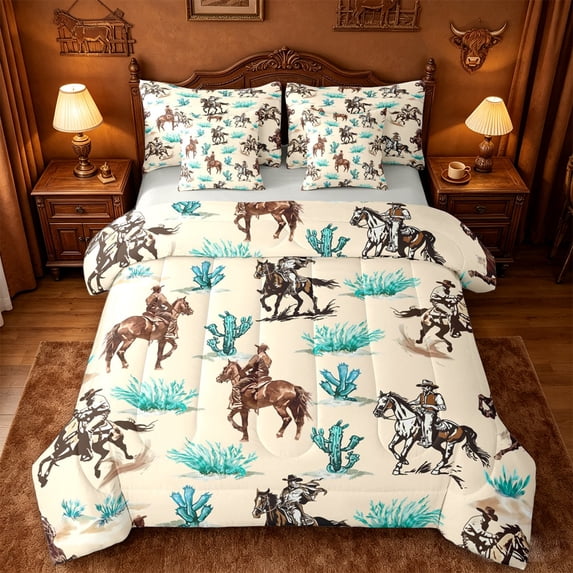 jejeloiu Vintage Cowgirl Horse 7 Pieces Bedding Comforter Set Kids,Desert Cactus Print Full Bedding Set,Reversible