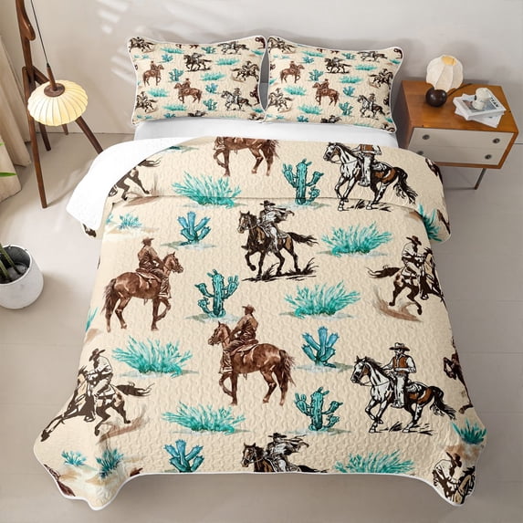 jejeloiu Vintage Cowgirl Horse Quilt King Kids,Desert Cactus Print King Coverlet Set,3 Pieces
