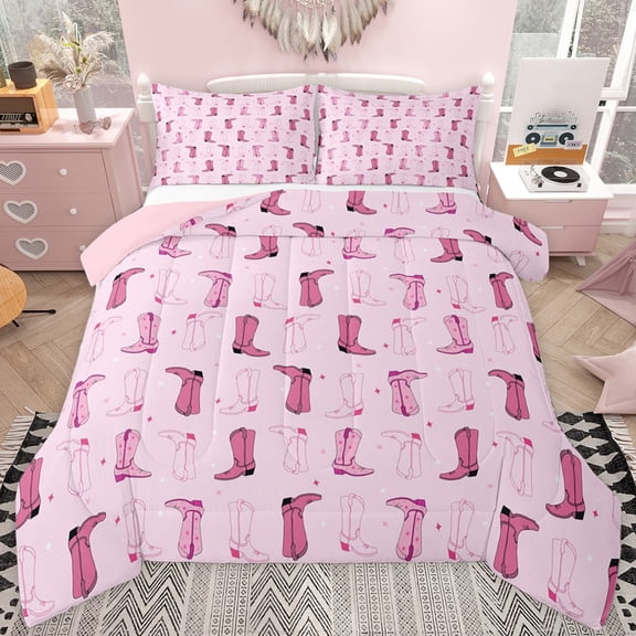 jejeloiu Vintage Cowgirls Boots Twin Comforter Sets,Pink Stars Print Bedding Set For Girls Women Reversible 2-Piece