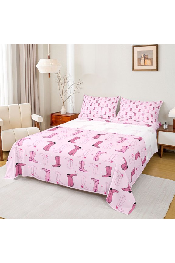 Vintage Cowgirls Boots Twin Sheet Sets,Pink Stars Print Bedding For Girls Women 3-Piece