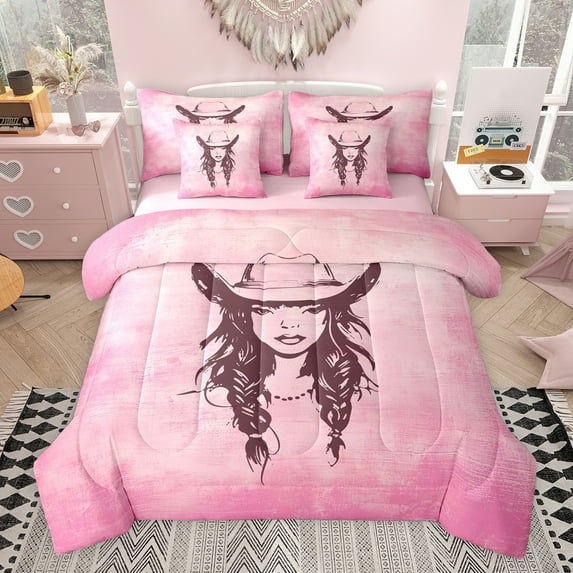jejeloiu Vintage Cowgirls Pattern 7pcs Bedding Comforter Set,Cowboy Hats Queen Bedding Sets For Girls Women Reversible