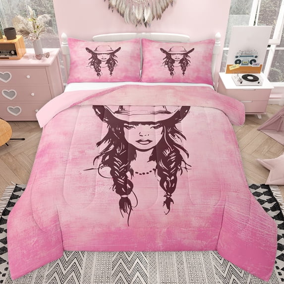 jejeloiu Vintage Cowgirls Pattern Queen Comforter Set,Cowboy Hats Bedding Comforter Set For Girls Women Reversible 3-Piece